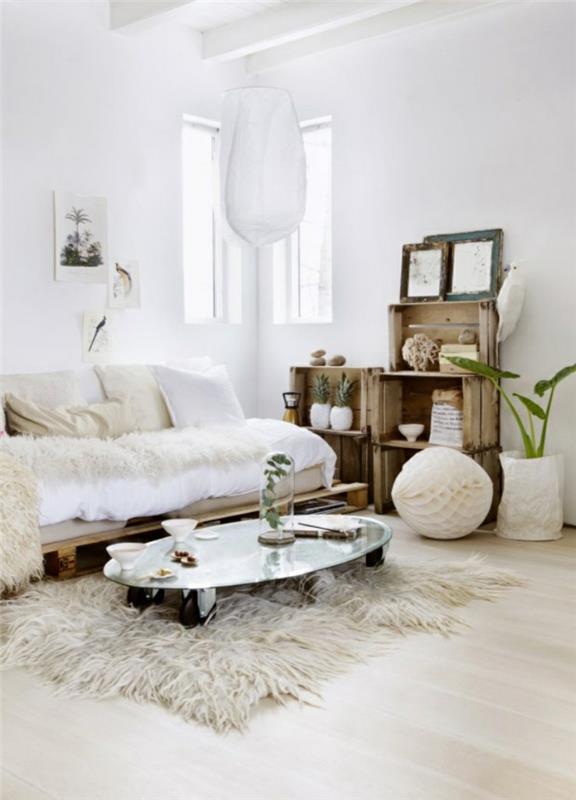 shabby chic σαλόνι επίπλωση ιδέες από δέρμα προβάτου κουβέρτα στρωμένο ξύλινα κουτιά τοίχους ράφια diy ιδέες