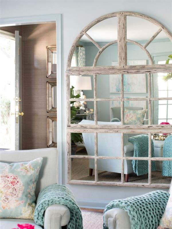 shabby chic σαλόνι επίπλωση ιδέες τοίχο καθρέφτης πλαίσιο πολυθρόνα