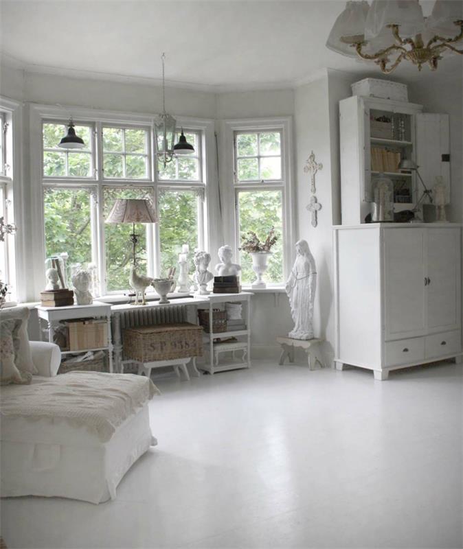 shabby chic ιδέες σαλονιού επιπλώνοντας λευκά γλυπτά