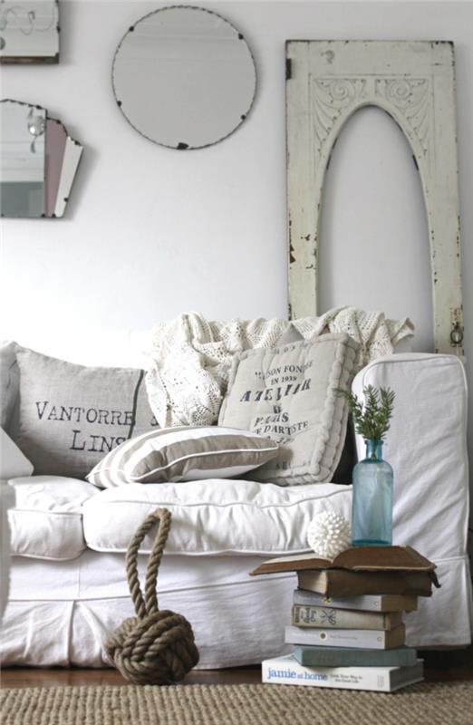 shabby chic ιδέες σαλονιού επιπλώνοντας λευκό λινό sisal χαλί τοίχου καθρέφτη