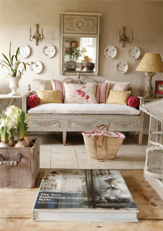 shabby chic ιδέες σαλονιού αγγλικά έπιπλα στυλ καναπέ ρίξτε μαξιλάρια