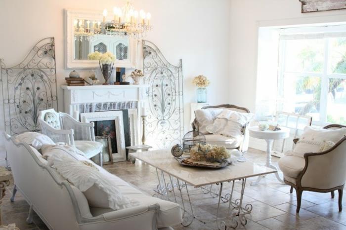 shabby chic ιδέες σαλονιού διακόσμηση τοίχου τραπεζιού καφέ τραπεζιού
