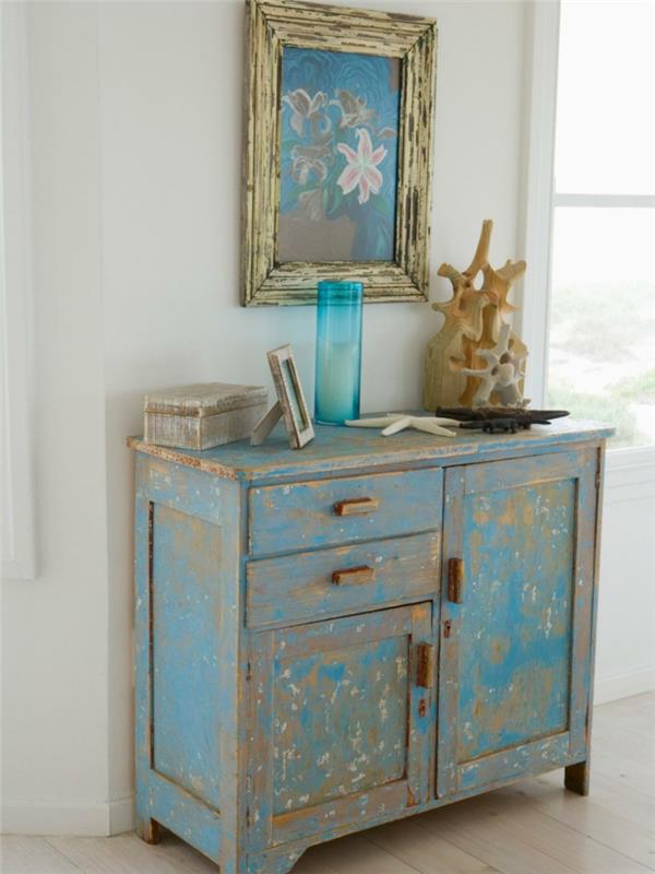 shabby chic σαλόνι ιδέες vintage κομμό μπλε κορνίζες