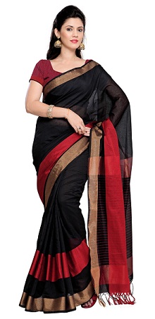 Ypatinga juoda Saree su aukso raudona