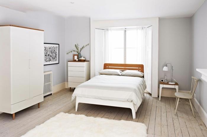 σκανδιναβικές ιδέες διακόσμησης υπνοδωματίου λευκό χαλί ξύλινο πάτωμα