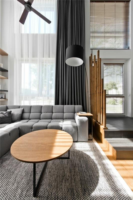 Σκανδιναβικές ιδέες επίπλωσης για γκρίζους καναπέδες σαλονιού μακριές κουρτίνες