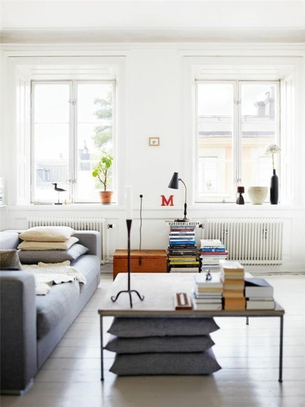 Σκανδιναβική επίπλωση σχεδιασμού καθιστικού γκρι καναπέ ρίξτε μαξιλάρια βιβλία