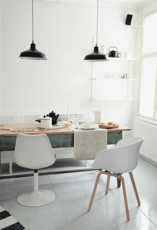 σκανδιναβική ζωντανή κουζίνα λευκά δάπεδα κρεμαστά φώτα