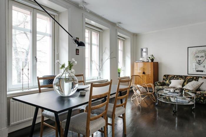 σκανδιναβική ζωντανή σκανδιναβική εσωτερική διακόσμηση τραπεζαρία καρέκλες καναπές στρογγυλό συρταριέρα δίπλα στο τραπέζι