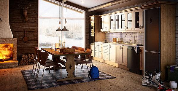 σκανδιναβική κουζίνα σχεδιάζει ξύλινα κρεμαστά φώτα χαλί