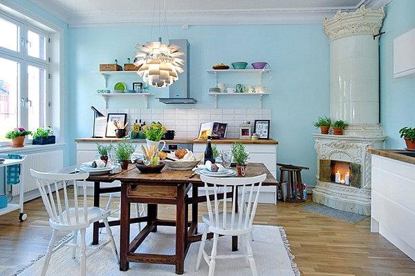 σκανδιναβική κουζίνα σχεδιάζει ράφια κουζίνας ρουστίκ μπλε τοίχο