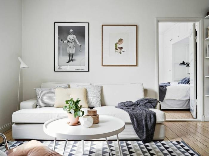 σκανδιναβικά χαλιά γεωμετρικό μοτίβο σαλόνι λευκός καναπές