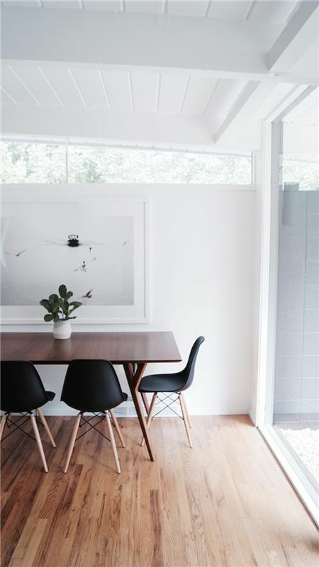 Σκανδιναβικό σχέδιο επίπλωσης παραδείγματα τραπεζαρίας με μαύρες καρέκλες Eames