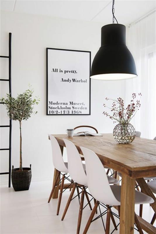 Σκανδιναβική τραπεζαρία τραπεζαρίας ξύλινη τραπεζαρία με καρέκλες διακοσμητικό τοίχο κρεμαστό φωτιστικό