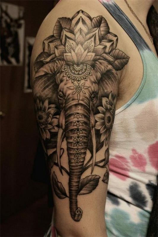 ιδέες τατουάζ μανικιών για γυναίκες με ελέφαντες και λωτό