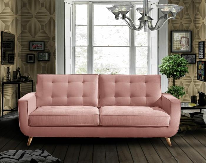 καναπές chester ρετρό έπιπλα ροζ ξύλινες τοιχογραφίες τοίχων γεωμετρικό σχέδιο