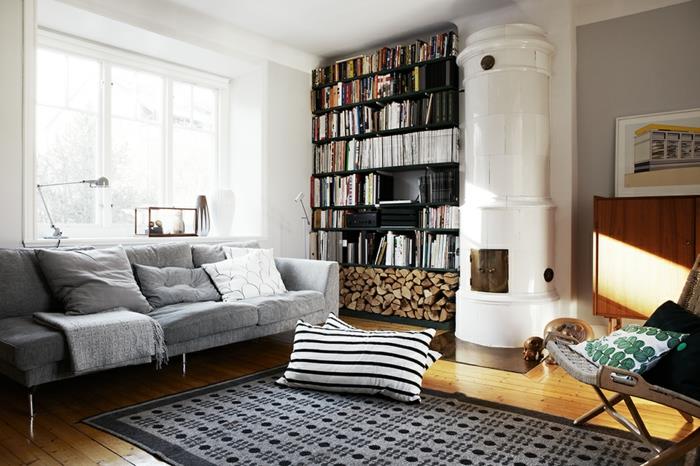 καναπές σκανδιναβικό σχέδιο ανοιχτό γκρι μαξιλάρια δαπέδου σαλόνι