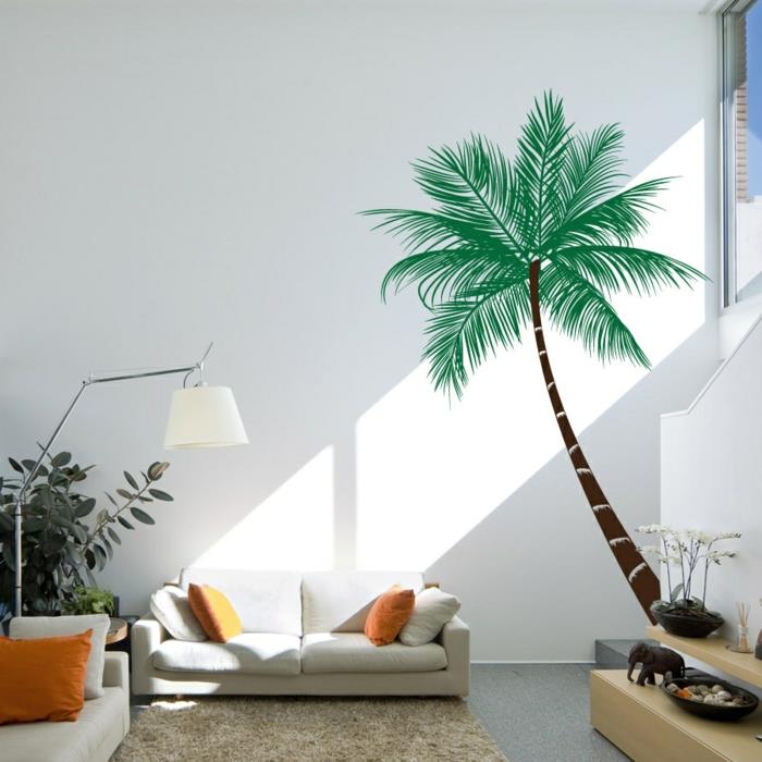 καναπές λευκό μπεζ τοίχο διακόσμηση τοίχου φυτά αυτοκόλλητα