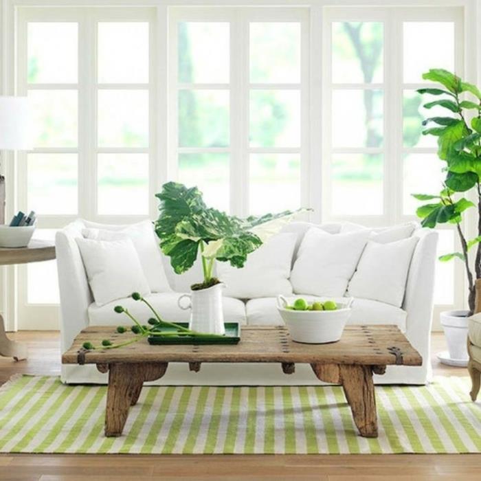 καναπές λευκό ρουστίκ τραπεζάκι σαλονιού λωρίδα χαλί πράσινο τόνους