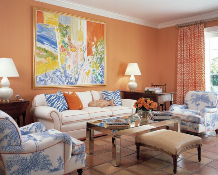 καναπές λευκό σαλόνι πορτοκαλί προφορά τοίχου πλακάκια δαπέδου floral στοιχεία