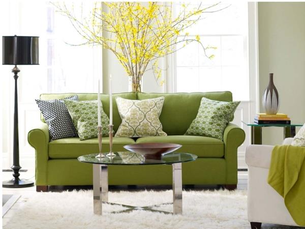 καλοκαιρινές διακοσμητικές ιδέες λευκός δερμάτινος γωνιακός καναπές πράσινος
