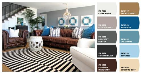 καλοκαιρινό σπίτι παλέτα χρωμάτων λωρίδες χαλί δερμάτινος καναπές πολυθρόνα καφέ