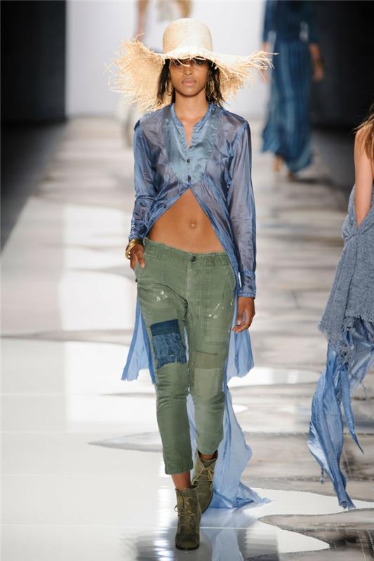 καλοκαιρινή μόδα γυναικείες μόδες κυρίες greg lauren 2016 στρατιωτικό παντελόνι στενό μπλε see through long ψάθινο καπέλο