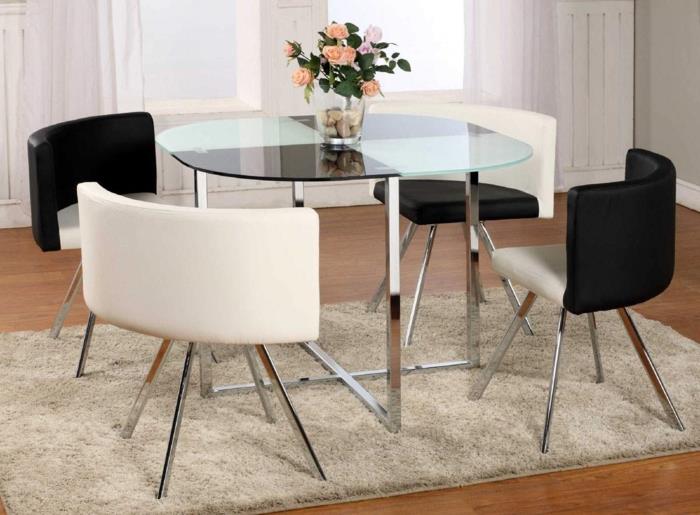 τραπεζαρία γυάλινο τραπέζι χαλί κομψές καρέκλες ιδέες εσωτερικού σχεδιασμού