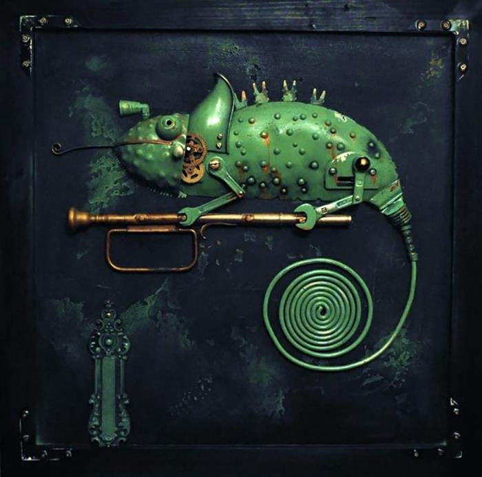 steampunk τέχνη που σχηματίζει συναρμολογημένα μεταλλικά γλυπτά