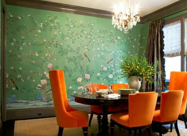 ατμοσφαιρικά χρώματα στο σπίτι καρέκλες μανταρίνι αγκαλιά απαλό γρασίδι πράσινο τοίχο Κίνα αίσθηση