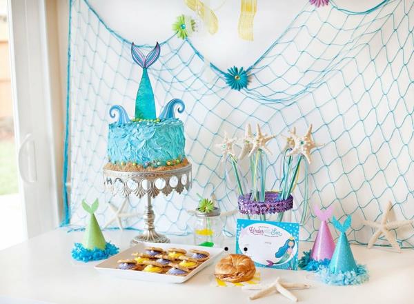 ατμοσφαιρικό παιδικό πάρτι γενεθλίων διακόσμηση γοργόνα τούρτα