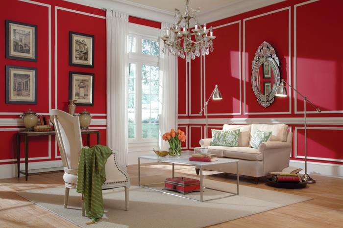 ιδέες ζωγραφικής σαλόνι κόκκινοι τοίχοι μπεζ έπιπλα