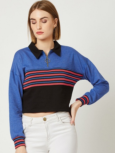 Gömlek Yakalı Crop Kadın Sweatshirt