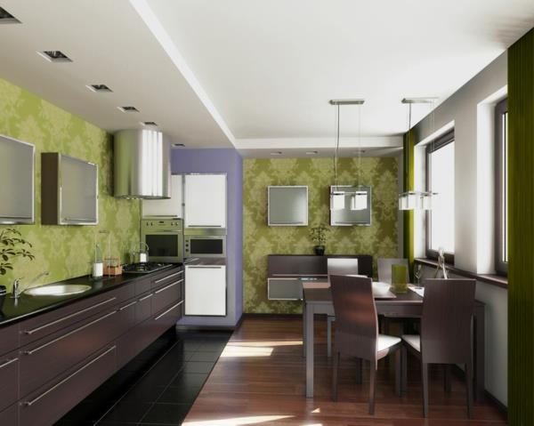 ταπετσαρία σχεδιασμός τοίχου κουζίνας πράσινα καφέ έπιπλα