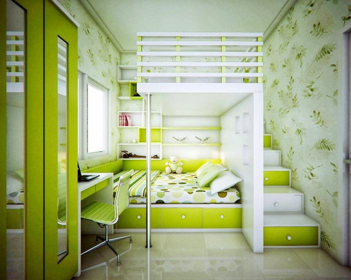 ταπετσαρία παιδικό δωμάτιο πράσινο τόνους κρεβάτι σοφίτας