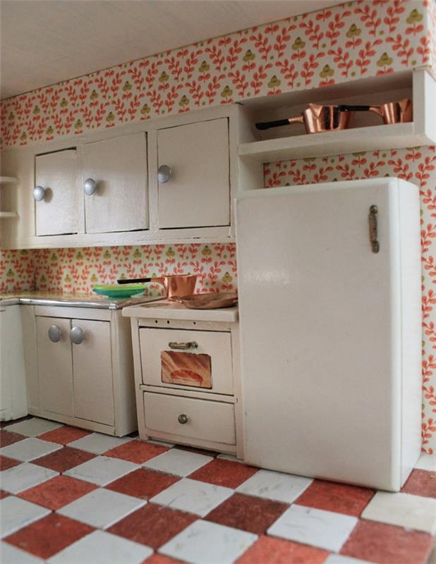 μοτίβο ταπετσαρίας σχεδιασμός τοίχου κουζίνας φωτεινά έπιπλα κουζίνας χρωματιστό πάτωμα