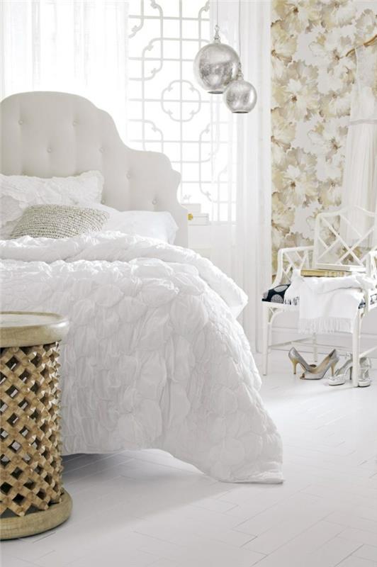 μοτίβο ταπετσαρίας υπνοδωμάτιο σχεδιασμός τοίχου floral μοτίβο λευκό κρεβάτι