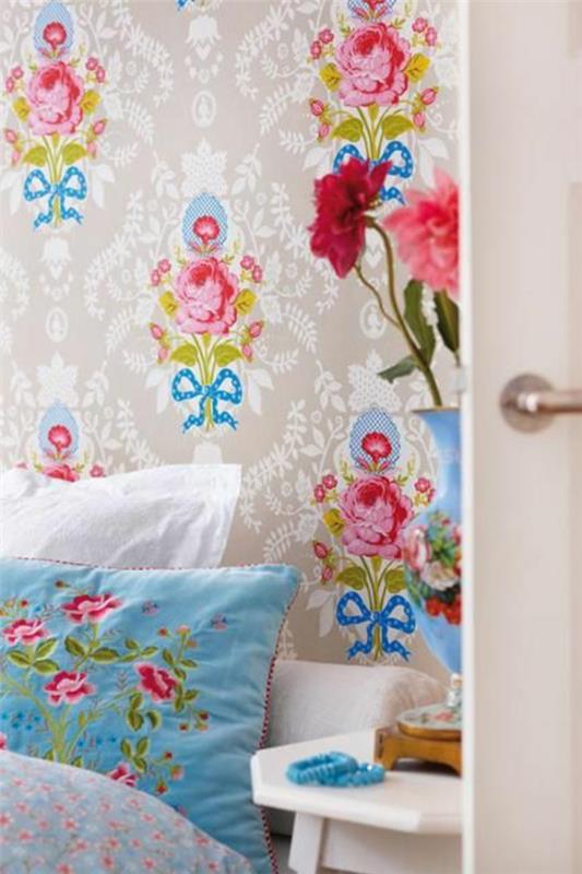 ταπετσαρία κρεβατοκάμαρα σχεδιασμός τοίχων floral μοτίβα