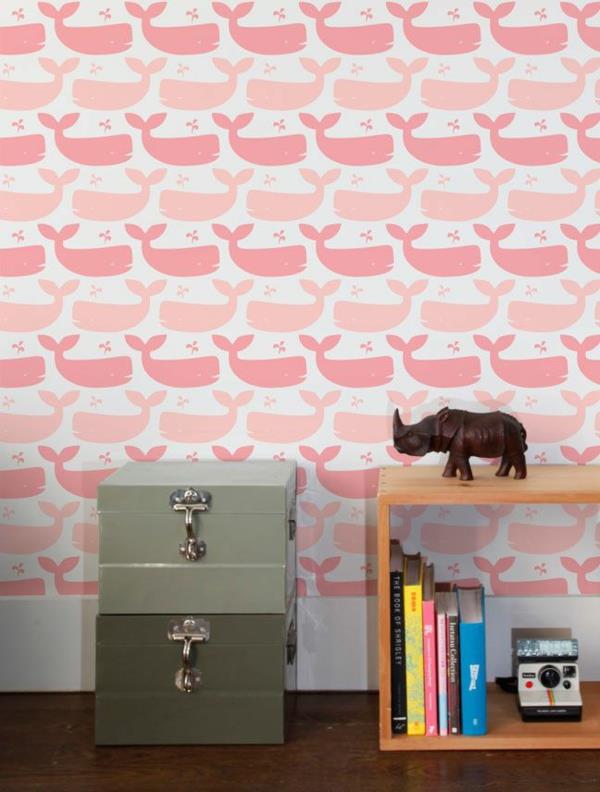 παιδική ταπετσαρία τοίχου σχεδιασμός ταπετσαρίας μοτίβο ροζ φάλαινα ψάρια