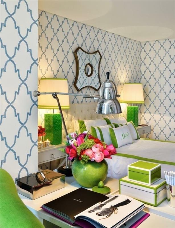 ιδέες ταπετσαρίας για το σαλόνι αρωματίζουν κομψά μοτίβα σε λευκό και μπλε χρώμα με πράσινες πινελιές
