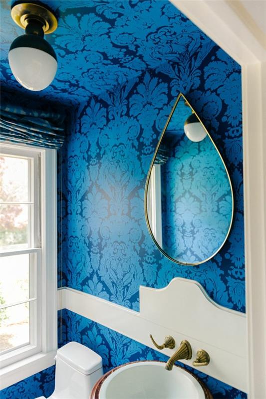 μοτίβο ταπετσαρίας μπλε γυαλιστερός καθρέφτης τοίχου