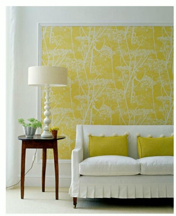 μοτίβο ταπετσαρίας κίτρινα χρώματα τοίχου καναπές