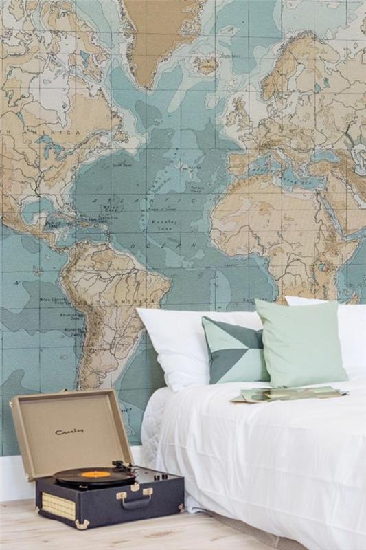 ταπετσαρίες πρωτότυπες ιδέες για το σχεδιασμό τοίχων στο υπνοδωμάτιο με ταπετσαρία με τον παγκόσμιο χάρτη