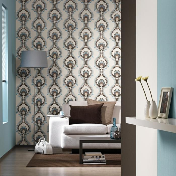 μοτίβο ταπετσαρίας σαλόνι κομψή τοιχογραφία ταπετσαρία καφέ χαλί λευκός καναπές γαλάζιοι τοίχοι