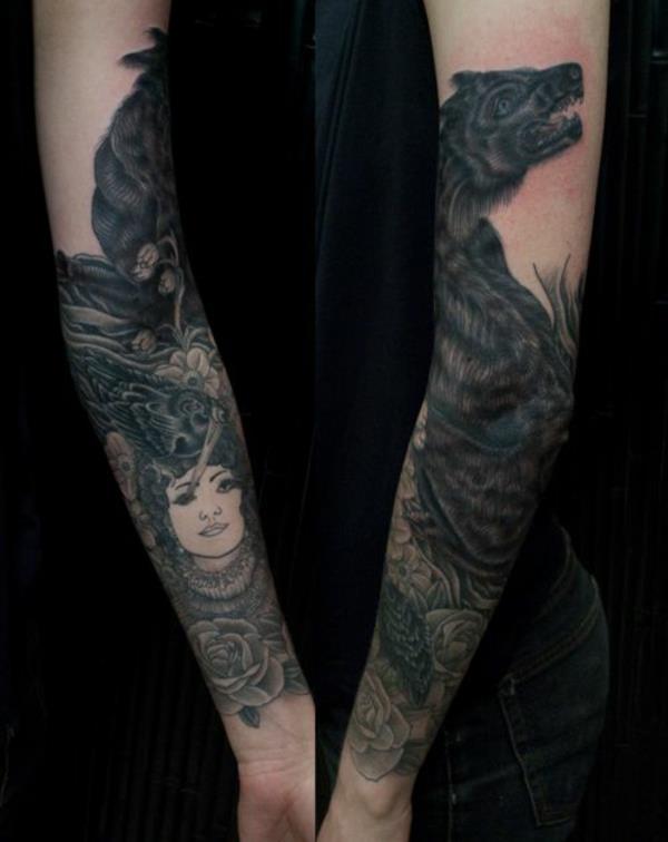 τατουάζ αντιβράχιο εικόνες κοράκι τριαντάφυλλα γυναίκα λύκος