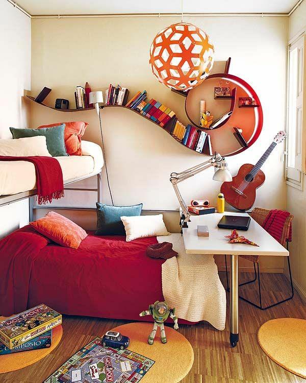έφηβος σχεδιασμός δωματίου funky μεγάλο ράφι τραπέζι κρεβάτι