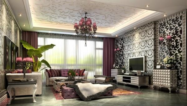 κλιμακωτό σαλόνι πολυτελής σχεδιασμός τοίχων και όμορφος σχεδιασμός οροφής