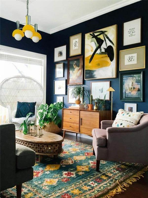 χαλί σαλόνι με χρώμα σκούρο μπλε τοίχο εικόνες φυτά