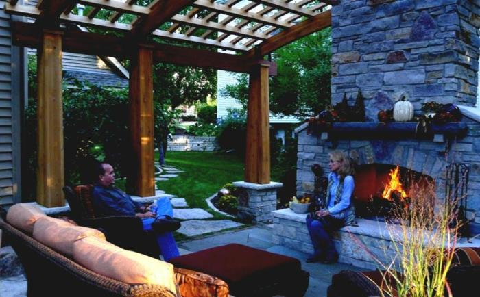 Δημιουργήστε μια βεράντα βεράντα στέγες τζάκι έπιπλα κήπου το βράδυ