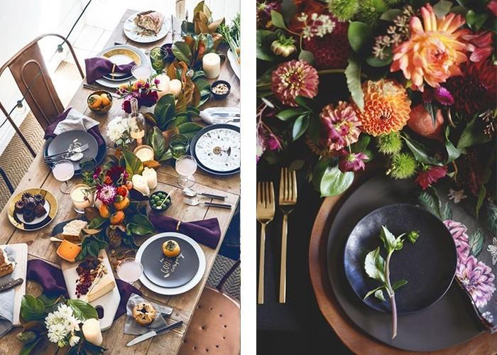 διακοσμήστε τραπέζι πλούσια floral διακόσμηση μαύρες πλάκες